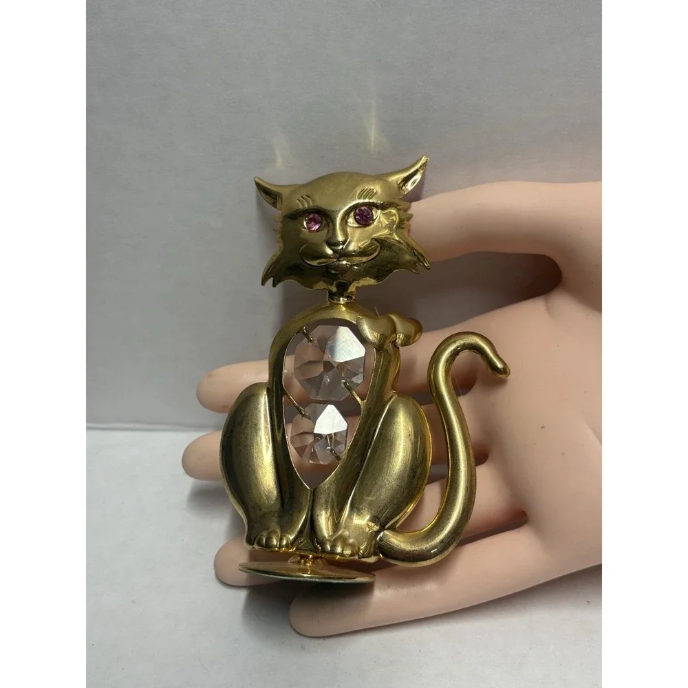 Cat Kitty 24 Gold Plated Austrian Crystal Figurine Mascot‎ USA Pink Eyes 4 in